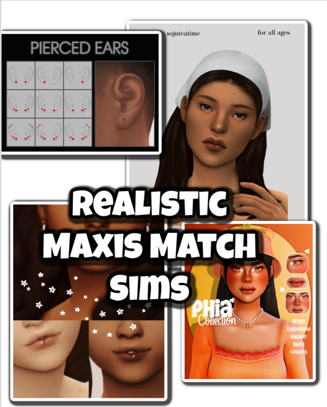 Realistic Maxis Match Sims featuring custom skin overlays and hair