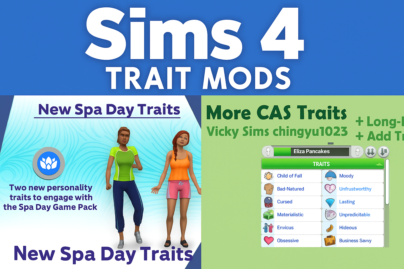 Sims 4 trait mods thumbnail featuring Spa Day Traits and More CAS Traits