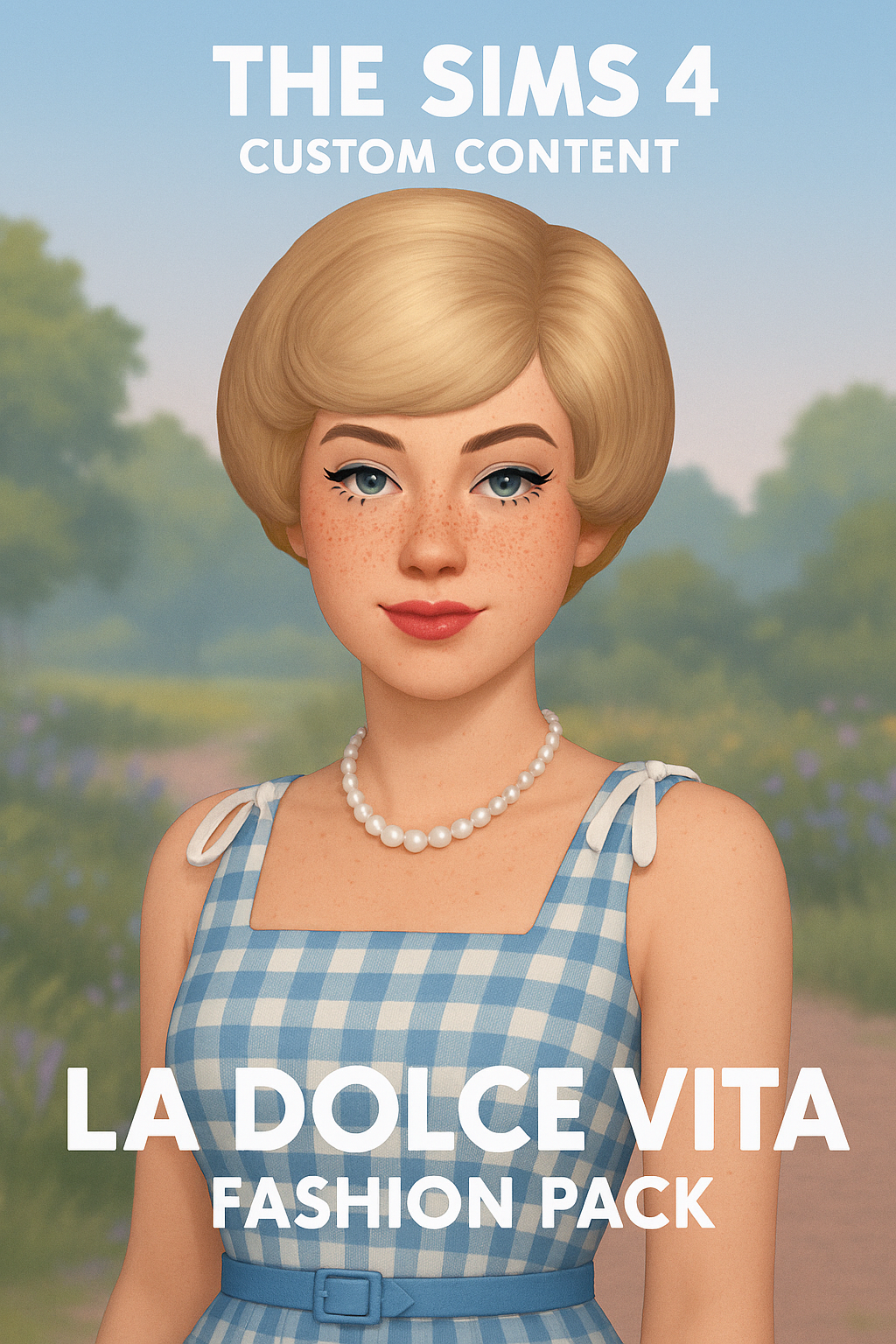 Sims 4 female Sim wearing 1960s-inspired fashion including gingham dress, pearl necklace, and retro hairstyle