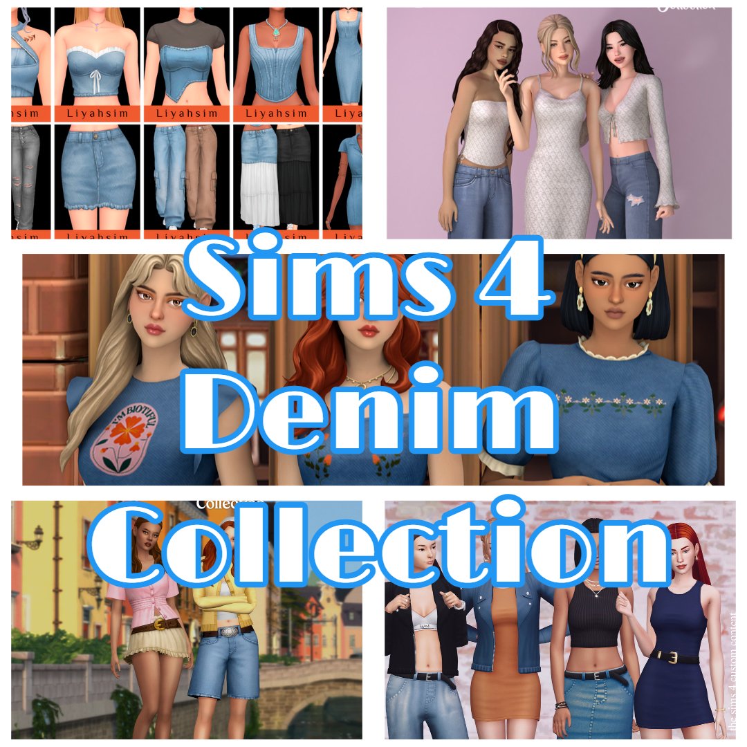 Sims 4 custom denim outfits featuring jeans, skirts, and jackets
