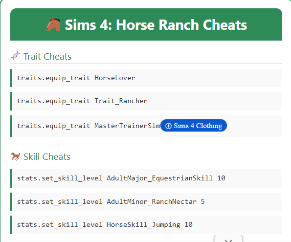 Sims 4 Horse Ranch Cheat Card with Traits, Skills, Careers
