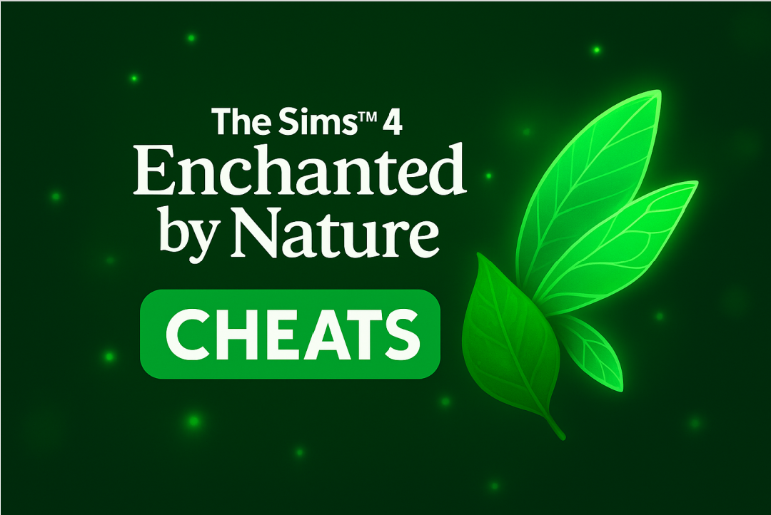 The Sims 4 Enchanted by Nature cheats thumbnail with glowing green leaves and magical design
