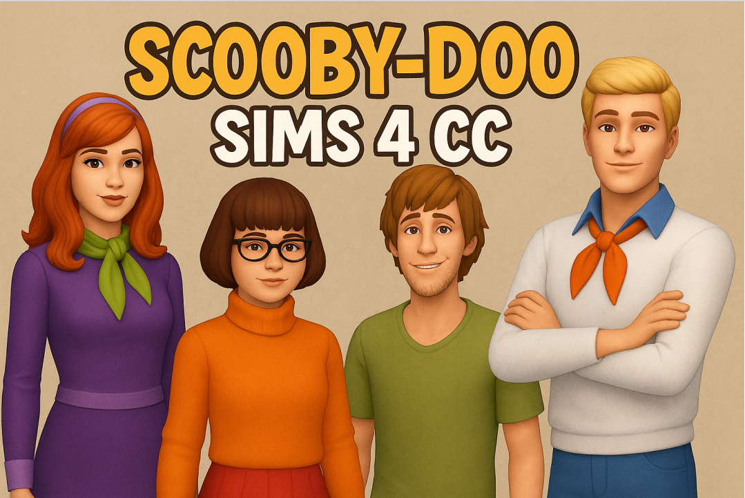 The Sims 4 Scooby-Doo cast custom content featuring Daphne, Velma, Shaggy, and Fred with hair, clothes, and presets.