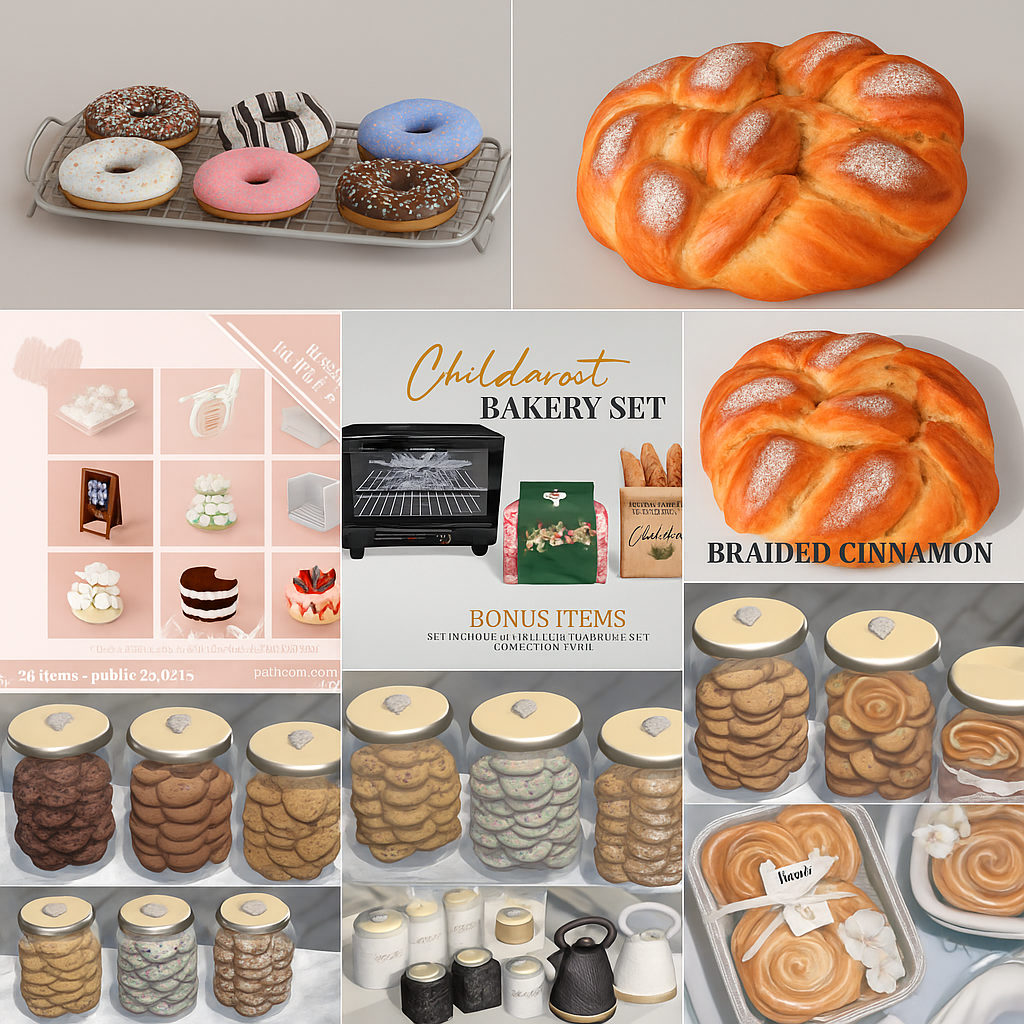 Sims 4 bakery CC featuring donuts, cinnamon buns, bread loaves, cookies, and café décor